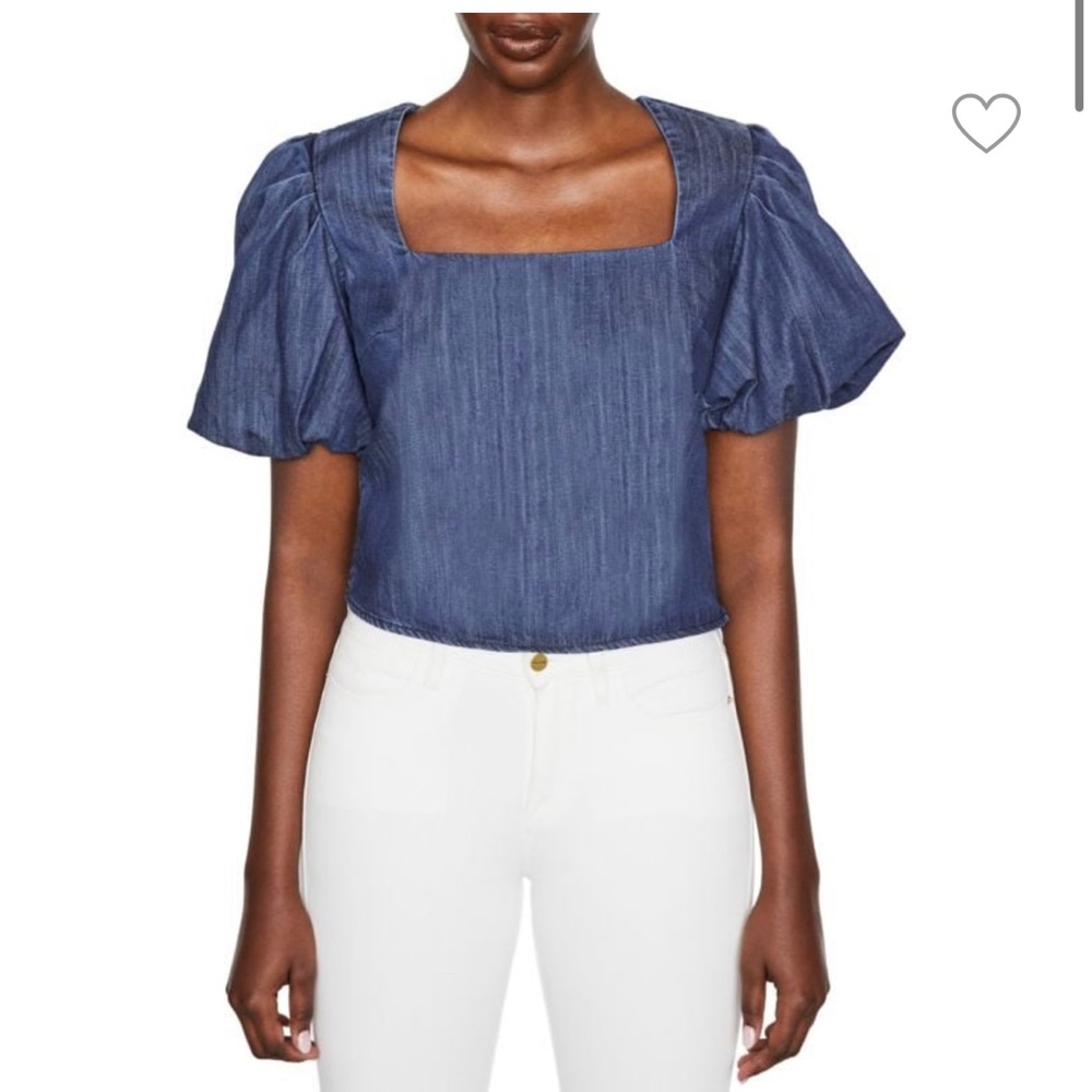 Frame denim blue puff sleeve Nina cropped blouse. Size Small